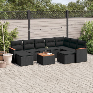 vidaXL 10-delige Loungeset met kussens poly rattan zwart