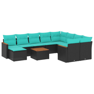 vidaXL 11-delige tuinbankset met kussens, zwart polyrotan