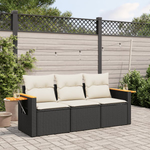 vidaXL 3-delige Loungeset met kussens poly rattan zwart