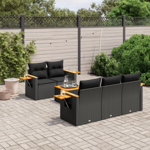 vidaXL 6-delige Loungeset met kussens poly rattan zwart