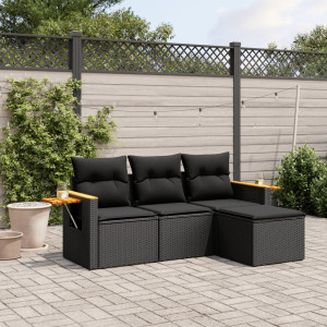 vidaXL 4-delige Loungeset met kussens poly rattan zwart