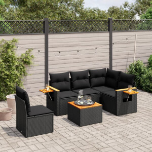 vidaXL 6-delige Loungeset met kussens poly rattan zwart