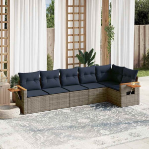 vidaXL 6-delige Loungeset met kussens poly rattan grijs