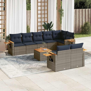 vidaXL 9-delige Loungeset met kussens poly rattan grijs