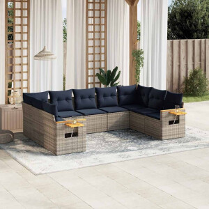 vidaXL 9-delige Loungeset met kussens poly rattan grijs