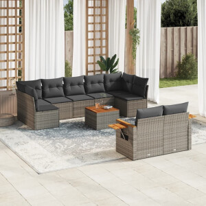 vidaXL 10-delige Loungeset met kussens poly rattan grijs