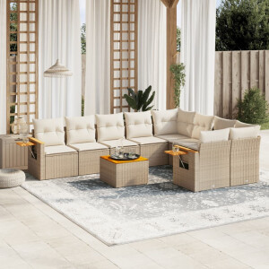 vidaXL 10-delige Loungeset met kussens poly rattan beige