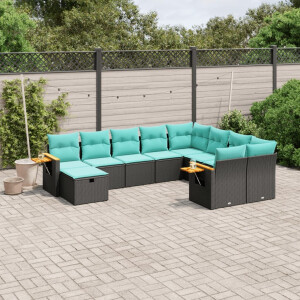 vidaXL 10-delige Loungeset met kussens poly rattan zwart