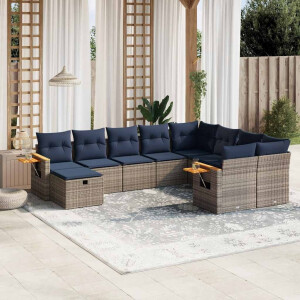 vidaXL 10-delige Loungeset met kussens poly rattan grijs