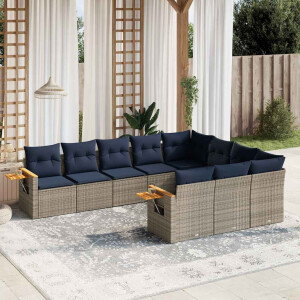 vidaXL 10-delige Loungeset met kussens poly rattan grijs