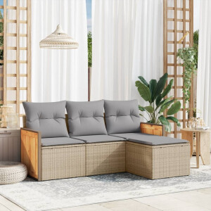 vidaXL 4-delige Loungeset met kussens poly rattan beige