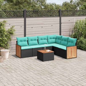 vidaXL 7-delige tuinbankset met kussens van zwart polyrotan