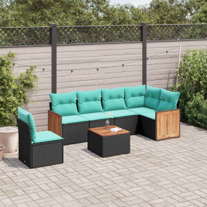 vidaXL 7-delige tuinbankset met kussens van zwart polyrotan