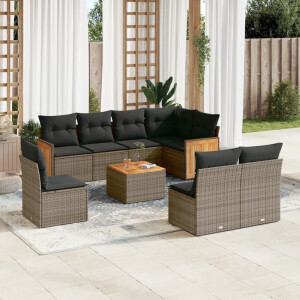 vidaXL 9-delige Loungeset met kussens poly rattan grijs