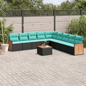 vidaXL 10-delige tuinbankset met kussens van zwart polyrotan