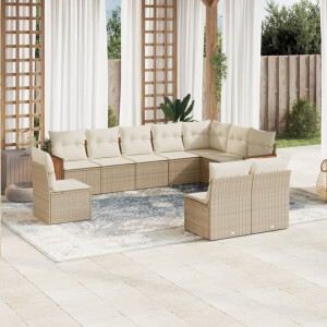 vidaXL 10-delige Loungeset met kussens poly rattan beige