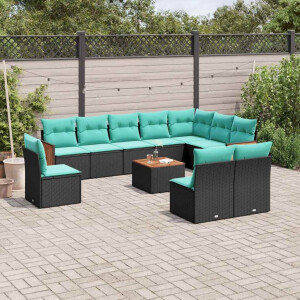 vidaXL 11-delige tuinbankset met kussens, zwart polyrotan