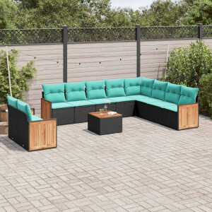 vidaXL 11-delige tuinbankset met kussens, zwart polyrotan