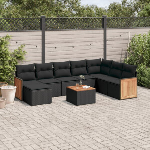 vidaXL 9-delige Loungeset met kussens poly rattan zwart