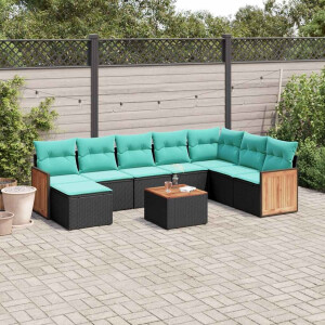 vidaXL 9-delige tuinbankset met kussens van zwart polyrotan