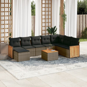 vidaXL 9-delige Loungeset met kussens poly rattan grijs