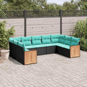 vidaXL 9-delige tuinbankset met kussens van zwart polyrotan