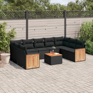 vidaXL 10-delige Loungeset met kussens poly rattan zwart