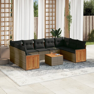vidaXL 10-delige Loungeset met kussens poly rattan grijs