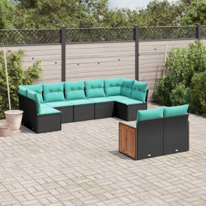 vidaXL 9-delige tuinbankset met kussens van zwart polyrotan