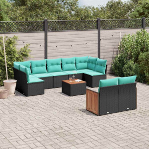 vidaXL 10-delige tuinbankset met kussens van zwart polyrotan