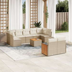 vidaXL 10-delige Loungeset met kussens poly rattan beige