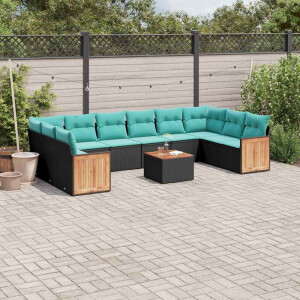 vidaXL 11-delige tuinbankset met kussens, zwart polyrotan