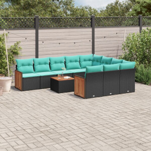 vidaXL 11-delige tuinbankset met kussens, zwart polyrotan