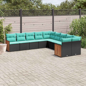 vidaXL 10-delige tuinbankset met kussens van zwart polyrotan
