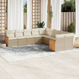 vidaXL 10-delige Loungeset met kussens poly rattan beige