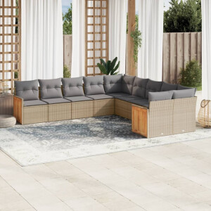 vidaXL 10-delige Loungeset met kussens poly rattan beige