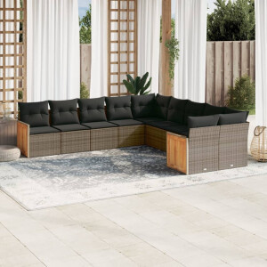 vidaXL 10-delige Loungeset met kussens poly rattan grijs