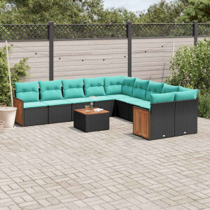 vidaXL 11-delige tuinbankset met kussens, zwart polyrotan