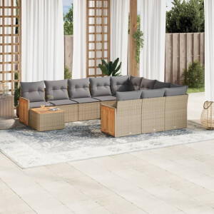 vidaXL 11-delige Tuinset met kussens poly rattan beige