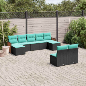 vidaXL 9-delige tuinbankset met kussens van zwart polyrotan