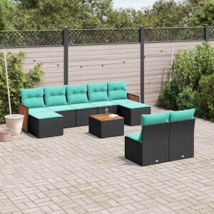 vidaXL 10-delige tuinbankset met kussens van zwart polyrotan