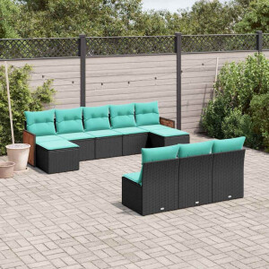 vidaXL 10-delige tuinbankset met kussens van zwart polyrotan