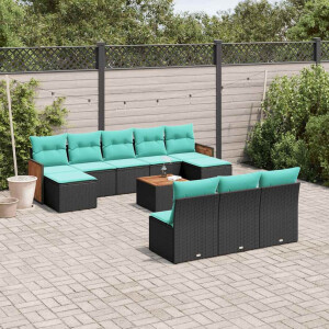 vidaXL 11-delige tuinbankset met kussens, zwart polyrotan