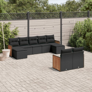 vidaXL 9-delige Loungeset met kussens poly rattan zwart
