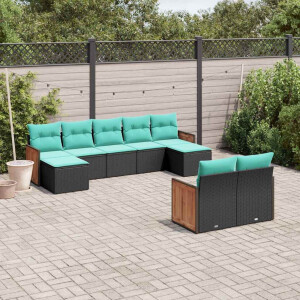 vidaXL 9-delige tuinbankset met kussens van zwart polyrotan