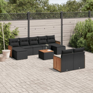 vidaXL 10-delige Loungeset met kussens poly rattan zwart
