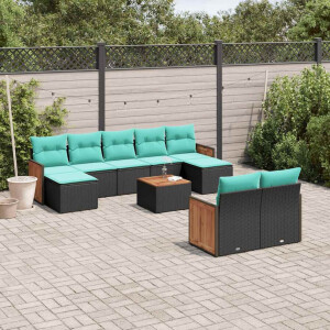 vidaXL 10-delige tuinbankset met kussens van zwart polyrotan