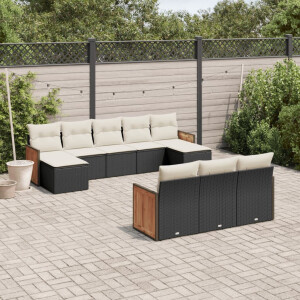 vidaXL 10-delige Loungeset met kussens poly rattan zwart