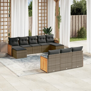 vidaXL 10-delige Loungeset met kussens poly rattan grijs
