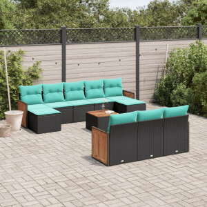 vidaXL 11-delige tuinbankset met kussens, zwart polyrotan
